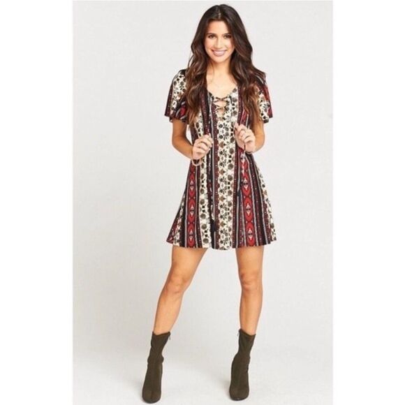 Show Me Your Mumu Matilda Patchwork Floral Lace Up Boho Mini Dress - Size XS - Picture 2 of 7